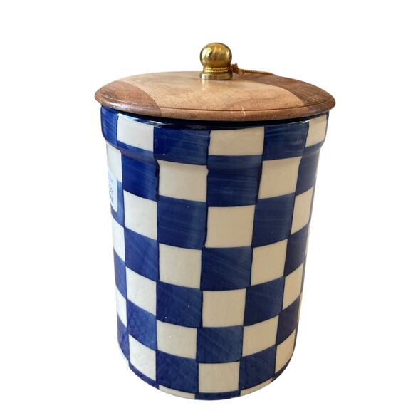 Hand Painted Checkered Ceramic Canister w/ Wood Lid Made in India Blue White NEW - Picture 7 of 16